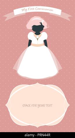 My first communion celebration reminder. Cute girl wearing white dress Stock Vector