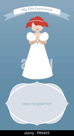 My first communion celebration reminder. Cute girl wearing white dress Stock Vector