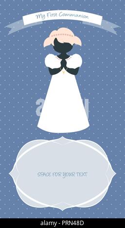My first communion celebration reminder. Cute girl wearing white dress Stock Vector