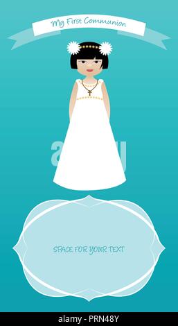 My first communion celebration reminder. Cute girl wearing white dress Stock Vector