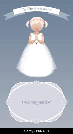 My first communion celebration reminder. Cute girl wearing white dress Stock Vector