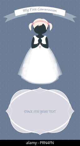 My first communion celebration reminder. Cute girl wearing white dress Stock Vector
