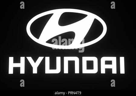 Paris, France. 03rd Oct, 2018. A Hyundai logo taken on the second press day of the Paris International Motor Show. The Motor Show will be open to the public from 04 to 14 October. Credit: Uli Deck/dpa/Alamy Live News Stock Photo