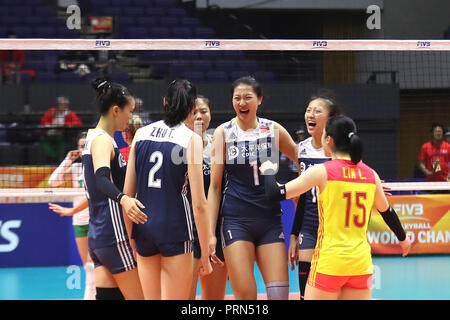 Sapporo, Japan. 3rd Oct, 2018. Players of China celebrate after winning the Pool B match against Bulgaria at the 2018 Volleyball Women's World Championship in Sapporo, Japan, Oct. 3, 2018. China won 3-1. Credit: Du Xiaoyi/Xinhua/Alamy Live News Stock Photo