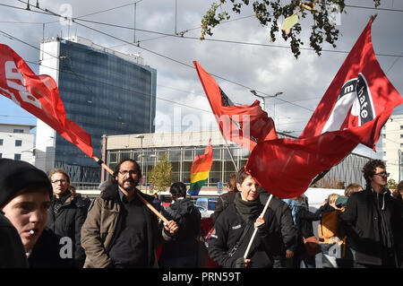 cottbus brandenburg 03rd oct 2018 birgit bessin deputy chairman of the afd brandenburg speaks at the demonstration of the association zukunft heimat in front of the stadthalle credit bernd settnik dpa zentralbild dpa alamy live news