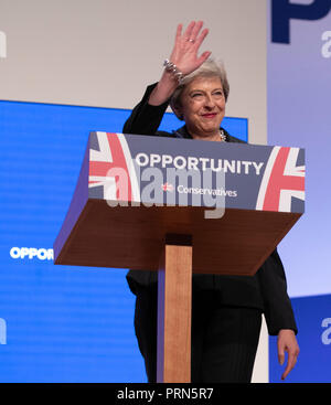 Birmingham. 3rd Oct, 2018. Britain's Prime Minister Theresa May gives a speech during the Conservative Party annual conference 2018 in Birmingham, Britain on Oct. 3, 2018. British Prime Minister Theresa May on Wednesday ruled out the possibility of a second Brexit referendum, saying the second referendum would be a 'politicians' vote.' Credit: Han Yan/Xinhua/Alamy Live News Stock Photo