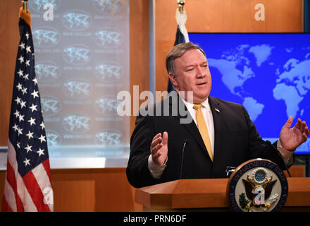 Washington, USA. 3rd Oct, 2018. U.S. Secretary of State Mike Pompeo speaks during a press briefing in Washington, DC, the United States, Oct. 3, 2018. U.S. Secretary of State Mike Pompeo said here on Wednesday that the United States is terminating the 1955 Treaty of Amity with Iran. Credit: Liu Jie/Xinhua/Alamy Live News Stock Photo