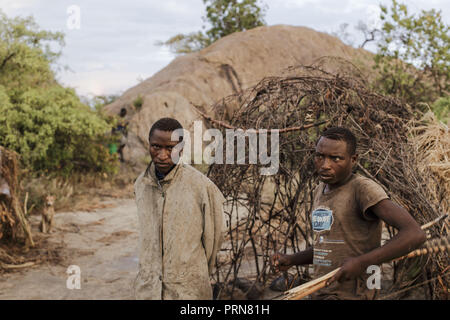 April 21, 2017 - Lake Eyasi, Ngorongoro district, Tanzania - 23 and 25 years old, Gem and Alua wake up after a cold and rainy night. They are ready to go hunting. For the last six days they have not been successfull in bringing back any meat to the camp. The small birds they shot were eaten on the spot.The Hadza are one of the last remaining societies, which remain in the world, that survive purely from hunting and gathering. Very little has changed in the way the Hadza live their lives. But it has become increasingly harder for them to pursue the Hadza way of life. Either the Hadza will find  Stock Photo