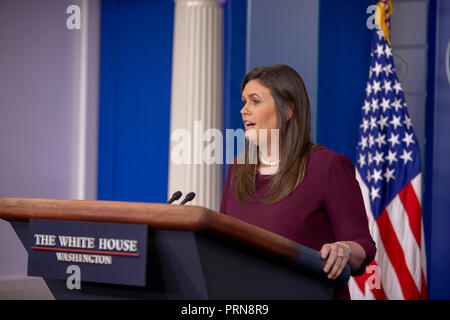 Washington DC, USA. 3rd Oct 2018. White House spokesperson Sarah Huckabee Sanders speaks during a briefing at the White House on October 3, 2018. Credit: Tasos Katopodis/CNP /MediaPunch Credit: MediaPunch Inc/Alamy Live News Stock Photo