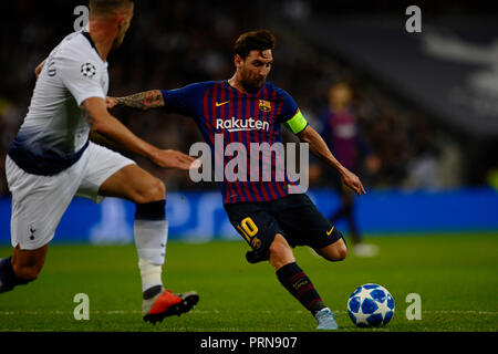 Lionel Messi of Barcelona  shooting to goal Group B match of the UEFA Champions League between Tottenham Hotspurs and FC Barcelona at Wembley Stadium on October 03, 2018 in London, England. Stock Photo