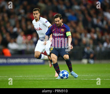 London, UK. 3rd October, 2018. London, UK, 3 October,  2018. Lionel Messi of Barcelona  during UEFA Champions League Group B match between Tottenham Hotspur and FC Barcelona at Wembley stadium. London  FA Premier League and Football League images are subject to DataCo Licence. Editorial use ONLY. No print sales. No personal use sales. NO UNPAID USE Credit: Action Foto Sport / Alamy Live News Stock Photo