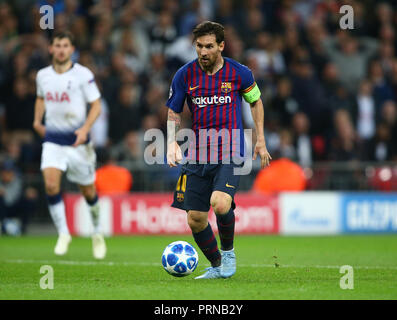 London, UK. 3rd October, 2018. October 3, 2018 - Lionel Messi of Barcelona .during UEFA Champions League Group B match between Tottenham Hotspur and FC Barcelona at Wembley stadium in London, United Kingdom on 3 October 2018 Credit: AFP7/ZUMA Wire/Alamy Live News Credit: ZUMA Press, Inc./Alamy Live News Stock Photo