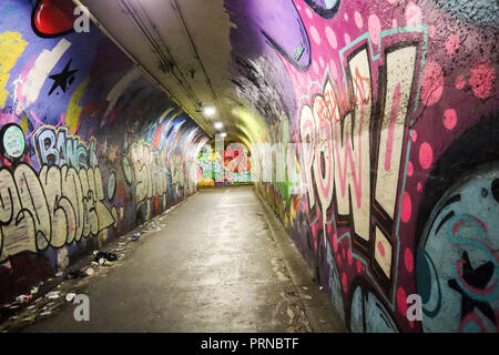 New York, USA. 3rd October, 2018. Mural is seen throughout the length of a tunnel access to the 191 Street subway station of Line 1 on the island of Manhattan in New York in the United States this Wednesday, 03. (PHOTO: WILLIAM VOLCOV/BRAZIL PHOTO PRESS) Credit: Brazil Photo Press/Alamy Live News Stock Photo