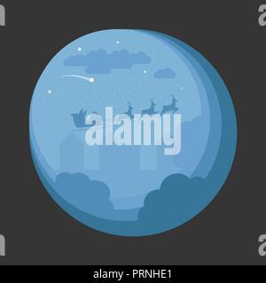 Santa Sleigh Flying Over Night Village. Christmas Night Scene Design. for Card, Invitations, Fyler. Stock Vector