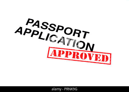 Passport Application heading stamped with a red APPROVED rubber stamp. Stock Photo