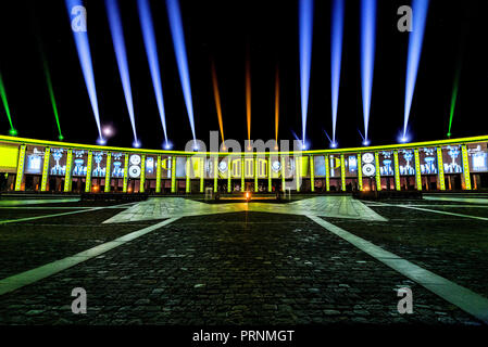 Moscow, Russia - September 20, 2018: Victory museum illuminated for free open air international festival 'Circle of light'. Stock Photo
