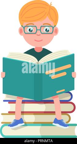 Boy with glasses sitting and reading books Stock Vector