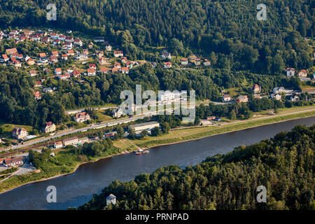 aerial view of beautiful elbe river and houses near forest in Bad Schandau, Germany