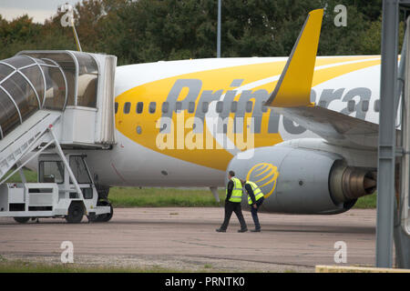 Picture dated October 3rd shows the planes of Primera Air being stored in a corner of Stansted Airport,Essex,after the company collapsed yesterday.    Primera Air ceased all operations at midnight on Monday, after 14 years in business.  The airline, which had 15 planes, began offering long-haul flights from UK airports, including Stansted and Birmingham, earlier this year.  The UK's Civil Aviation Authority has told passengers who have travelled abroad on a Primera flight that they must now make their own arrangements to return to the U Stock Photo