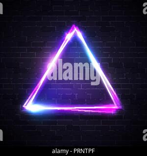 Triangle background on brick texture wall. Neon lights street sign with blank space for your design. Electric led light effect. Night club casino bar cafe signage. Bright vector illustration. Stock Vector