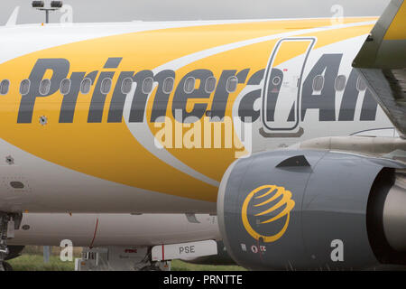 Picture dated October 3rd shows the planes of Primera Air being stored in a corner of Stansted Airport,Essex,after the company collapsed yesterday.    Primera Air ceased all operations at midnight on Monday, after 14 years in business.  The airline, which had 15 planes, began offering long-haul flights from UK airports, including Stansted and Birmingham, earlier this year.  The UK's Civil Aviation Authority has told passengers who have travelled abroad on a Primera flight that they must now make their own arrangements to return to the U Stock Photo