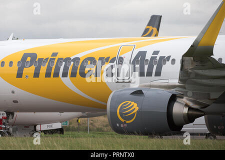 Picture dated October 3rd shows the planes of Primera Air being stored in a corner of Stansted Airport,Essex,after the company collapsed yesterday.    Primera Air ceased all operations at midnight on Monday, after 14 years in business.  The airline, which had 15 planes, began offering long-haul flights from UK airports, including Stansted and Birmingham, earlier this year.  The UK's Civil Aviation Authority has told passengers who have travelled abroad on a Primera flight that they must now make their own arrangements to return to the U Stock Photo