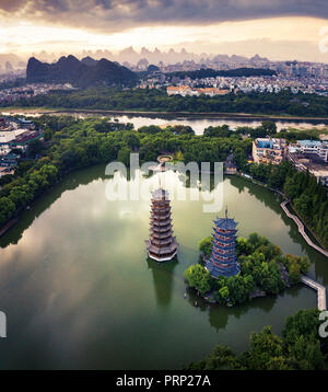 Aerial view of Guilin park with twin pagodas in Guangxi, China Stock Photo