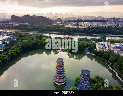 Aerial view of Guilin park with twin pagodas in Guangxi, China Stock Photo