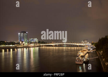 view across the river Rhine to the Lanxess Tower, Deutzer bridge, Severins bridge, Cologne, Germany.  Blick ueber den Rhein zum Lanxess Tower im Stadt Stock Photo