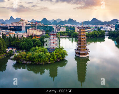 Aerial view of Guilin park with twin pagodas in Guangxi, China Stock Photo