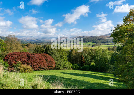View down Eskdale from the grounds of Muncaster Castle, Ravenglass, Lake District National Park, Cumbria, UK