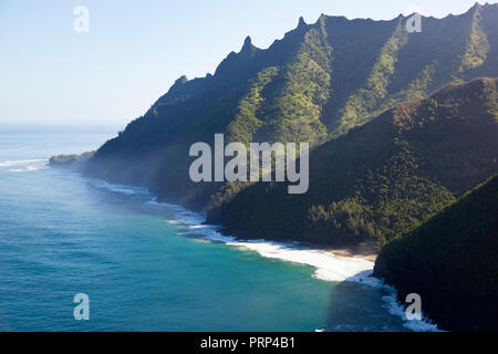 View from helicopter down toHanakapiai Beach at the Na Pali Coast in Kauai, Hawaii. Stock Photo