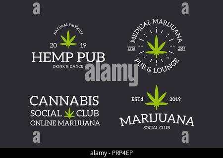 Set of retro vintage marijuana leaf, cannabis logo or insignia, emblems, labels and badges and other branding objects. Vector line style Stock Vector