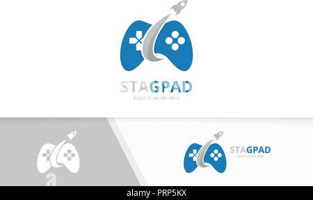 Vector joystick and rocket logo combination. Gamepad and airplane symbol or icon. Unique console controller and flight logotype design template. Stock Vector