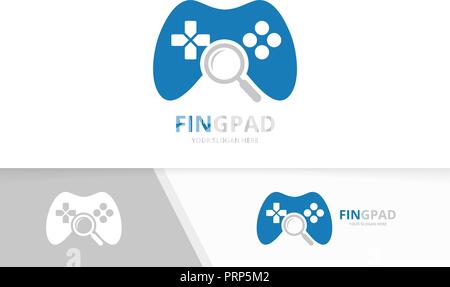 Vector joystick and loupe logo combination. Gamepad and magnifying symbol or icon. Unique console controller and search logotype design template. Stock Vector