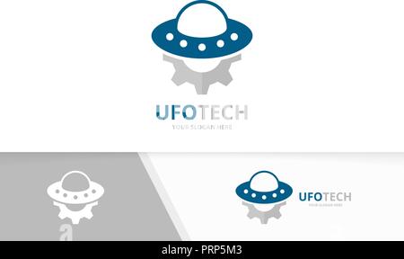 Vector UFO and gear logo combination. Spaceship and mechanic symbol or icon. Unique alien and industrial logotype design template. Stock Vector