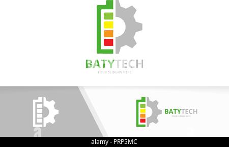 Vector battery and gear logo combination. Energy and mechanic symbol or icon. Unique accumulator and industrial logotype design template. Stock Vector