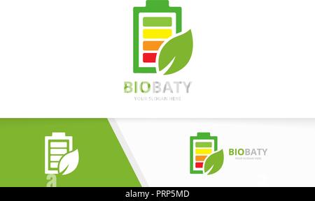 Vector battery and leaf logo combination. Energy and eco symbol or icon. Unique accumulator and organic logotype design template. Stock Vector
