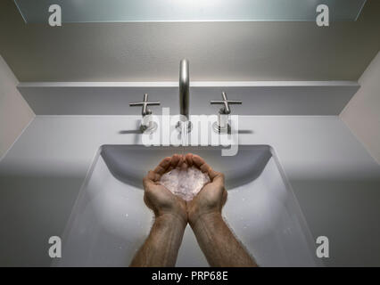 Man's Hands Washing With Water Purify Modern Sink Stock Photo