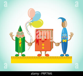 Back to school banner design with colorful funny school characters a, education items and space for text in a background. illustration. Stock Photo