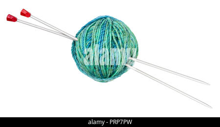 ball of two-tone yarn with knitting needles cut out on white backgroubd Stock Photo