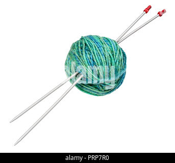 ball of green yarn with knitting needles cut out on white backgroubd Stock Photo