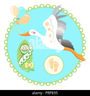 Flying stork with baby. Flat illustration of flying stork with a bundle icon for web on baby blue background Stock Photo