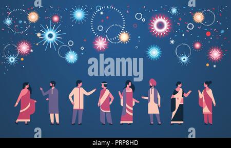 happy diwali indian people group wearing national traditional clothes hindu man woman celebration concept cartoon character full length fireworks background horizontal flat Stock Vector