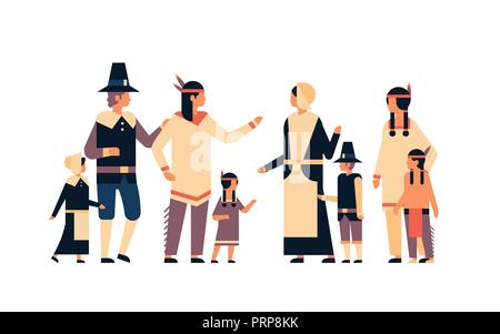 native american indian people thanksgiving day celebrating concept men women children group communication cartoon character full length isolated horizontal flat Stock Vector