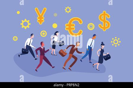 Business people group running financial team leader competition businessmen women race concept money exchange dollar euro yuan icon flat horizontal Stock Vector