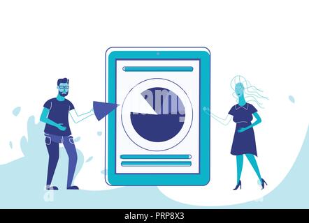 business couple using finance mobile app financial diagram analysis concept businessman woman consultant online application male female cartoon character full length horizontal Stock Vector