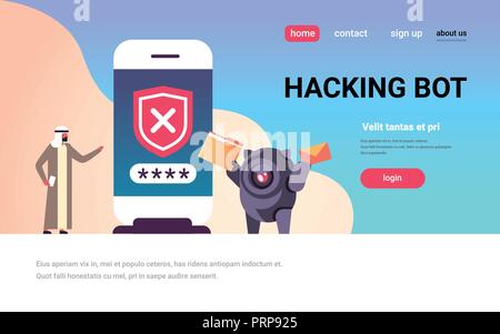 arabic man incorrect password hacking bot smartphone verification mobile security app access concept horizontal flat full length copy space Stock Vector