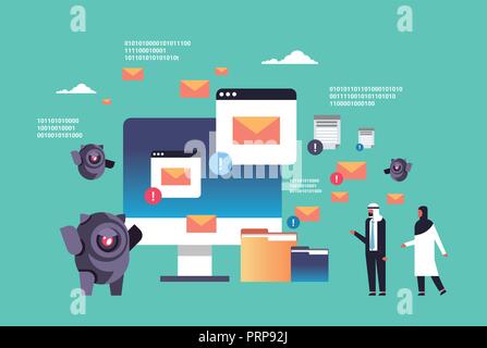 spam bot email spamming attack robot computer application internet spammer concept artificial intelligence arabic man woman couple flat horizontal Stock Vector