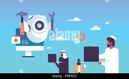 support bot robot wrench service repair concept artificial intelligence arabic people using gadgets flat horizontal Stock Vector